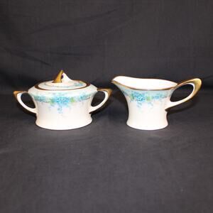 Vintage Blue & Gold Floral OHIO Porcelain Cream & Sugar Set